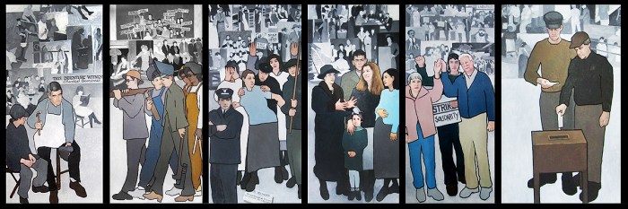 Panels from Maine artist Judy Taylor’s Labor Mural, that was commissioned by Maine’s Department of Labor.