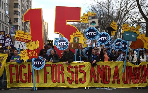  A minimum wage protest at Columbus Circle in New York City in April. EARL WILSON / THE NEW YORK TIMES